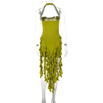Halter ruffle backless midi dress