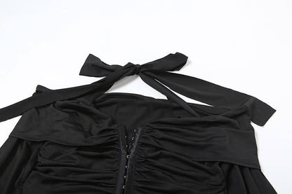 Halter long sleeve off shoulder button ruched pant set