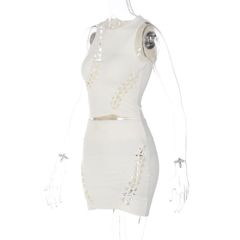 Hollow out solid sleeveless irregular crewneck mini skirt set-final-sale