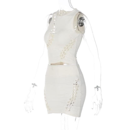 Hollow out solid sleeveless irregular crewneck mini skirt set-final-sale