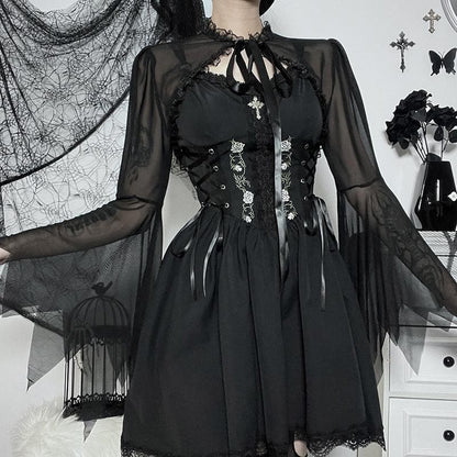 Mesh self tie ruffle flared sleeve solid shrug top