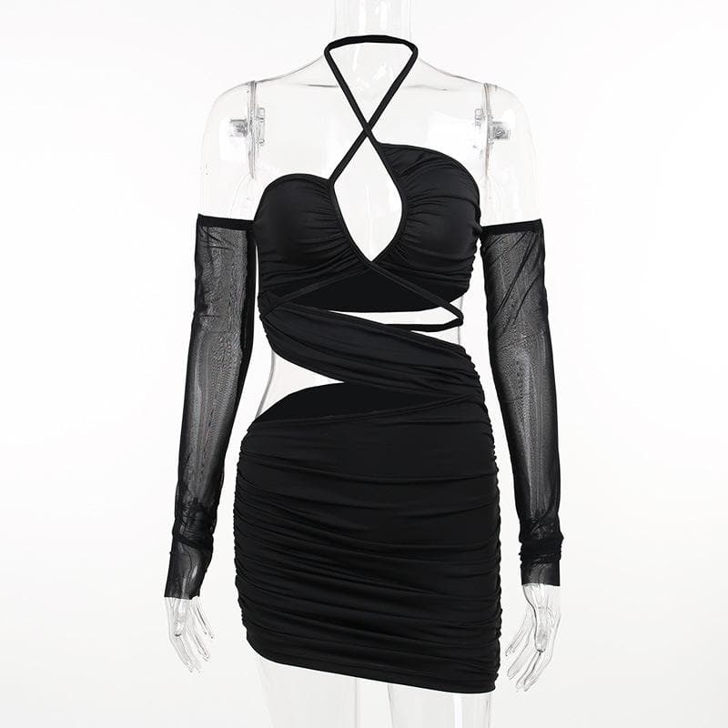 Ruched cross front hollow out halter off shoulder long sleeve backless cut out mini dress