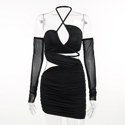 Ruched cross front hollow out halter off shoulder long sleeve backless cut out mini dress