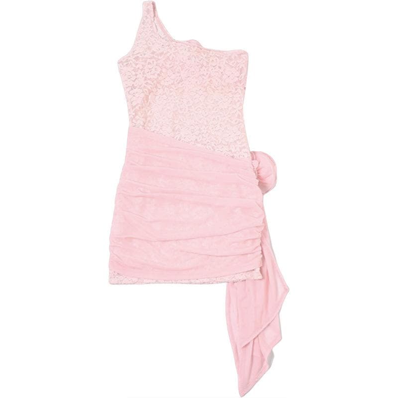 One shoulder lace mesh flower applique mini dress