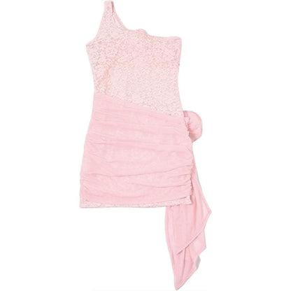 One shoulder lace mesh flower applique mini dress