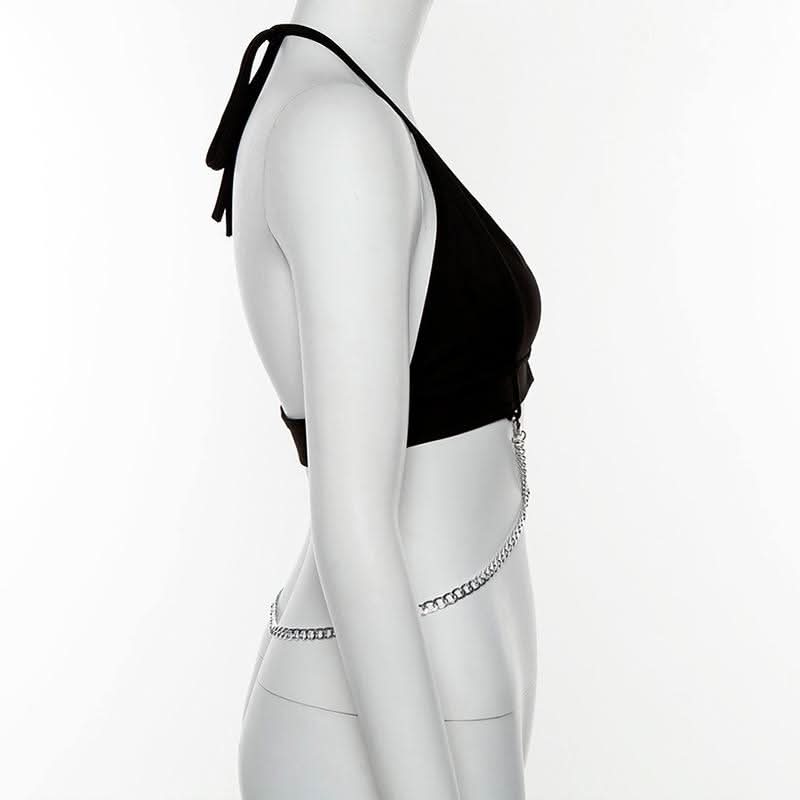 Halter self tie metal chain v neck backless top