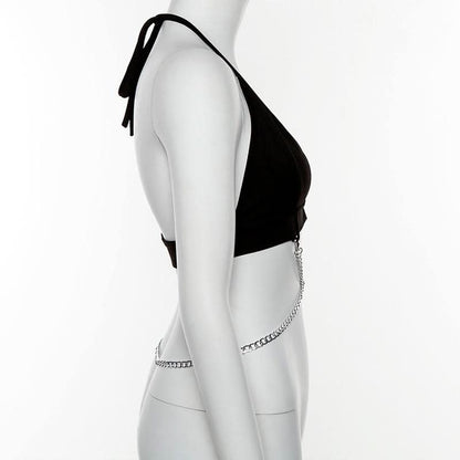 Halter self tie metal chain v neck backless top