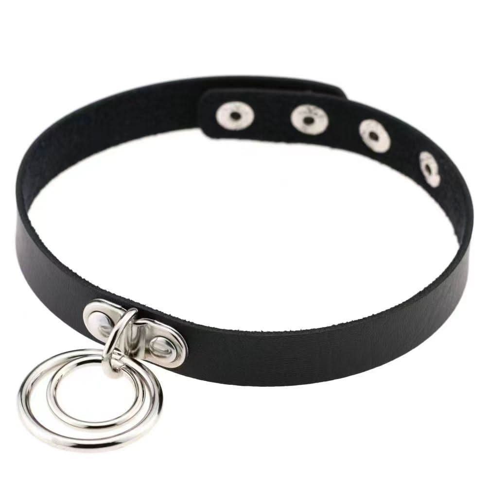 PU leather rivet o ring metal chain necklace