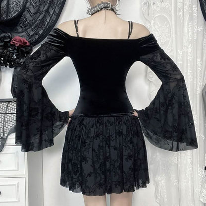 Off shoulder long flared sleeve velvet mini dress