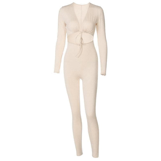 V-neck hollow out tie front jumpsuit - Final Sale
