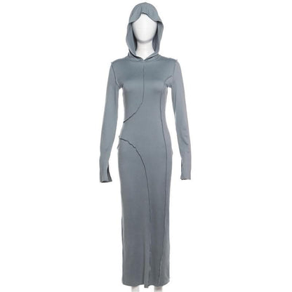 Stitch hoodie solid long sleeve slit maxi dress-final-sale