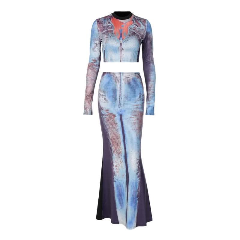 Contrast body print long sleeve high neck patchwork maxi skirt set-final-sale