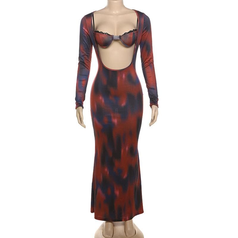 Long sleeve print v neck lace hem contrast maxi skirt set-final-sale