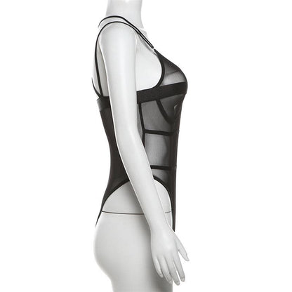 Stitch mesh patchwork cross back cami bodysuit