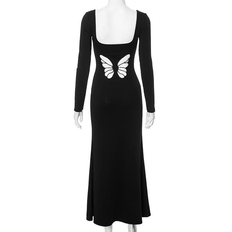 Long sleeve u neck butterfly pattern maxi dress