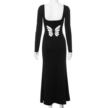 Long sleeve u neck butterfly pattern maxi dress