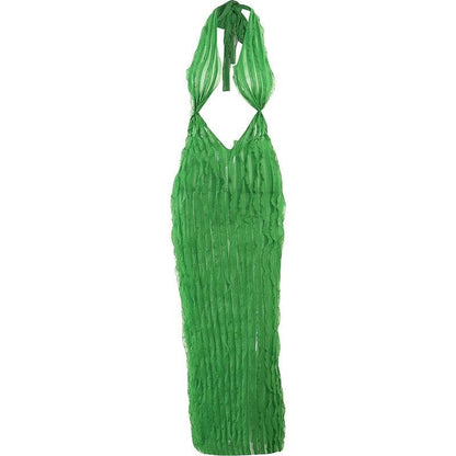 Halter Plunging V Neck Cutout Ruffle Tier Bodycon Maxi Dress