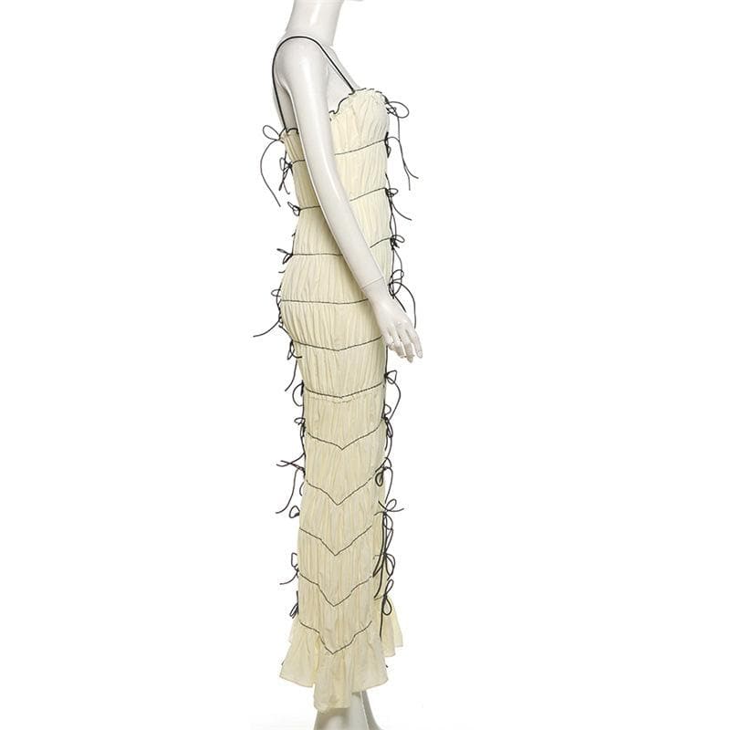 Smocked ruffle ruched bowknot cami maxi dress