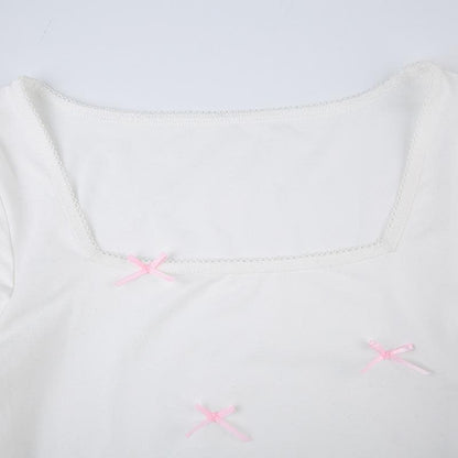 Bowknot square neck long sleeve contrast top