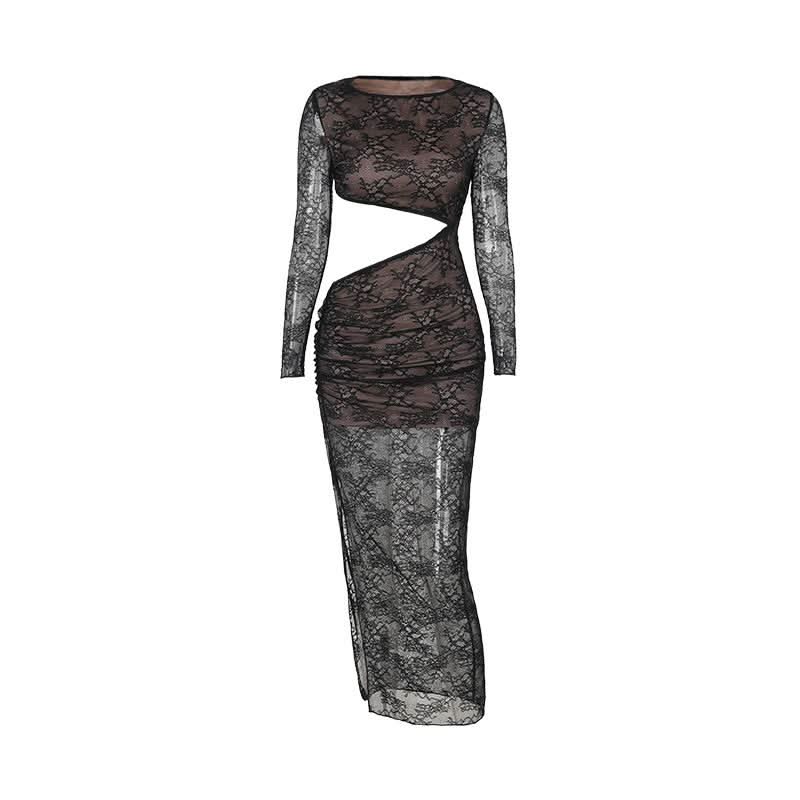 Crewneck long sleeve lace hollow out cut out maxi dress