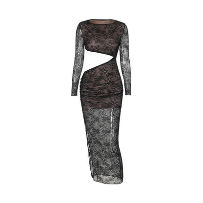 Crewneck long sleeve lace hollow out cut out maxi dress
