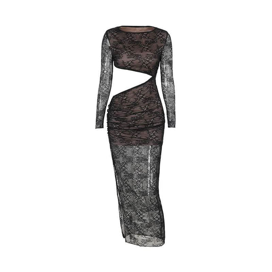 Crewneck long sleeve lace hollow out cut out maxi dress