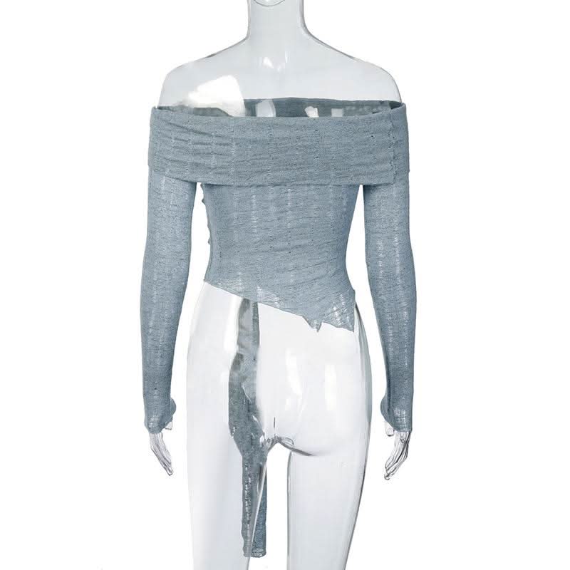 Long sleeve odd shoulder knotted knitted top