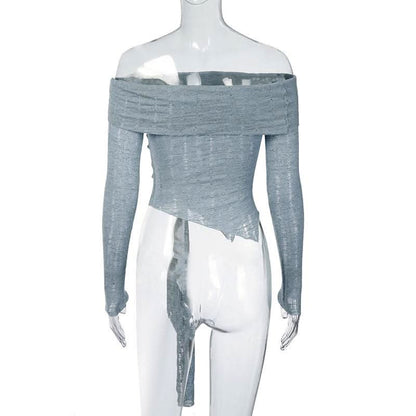 Long sleeve odd shoulder knotted knitted top