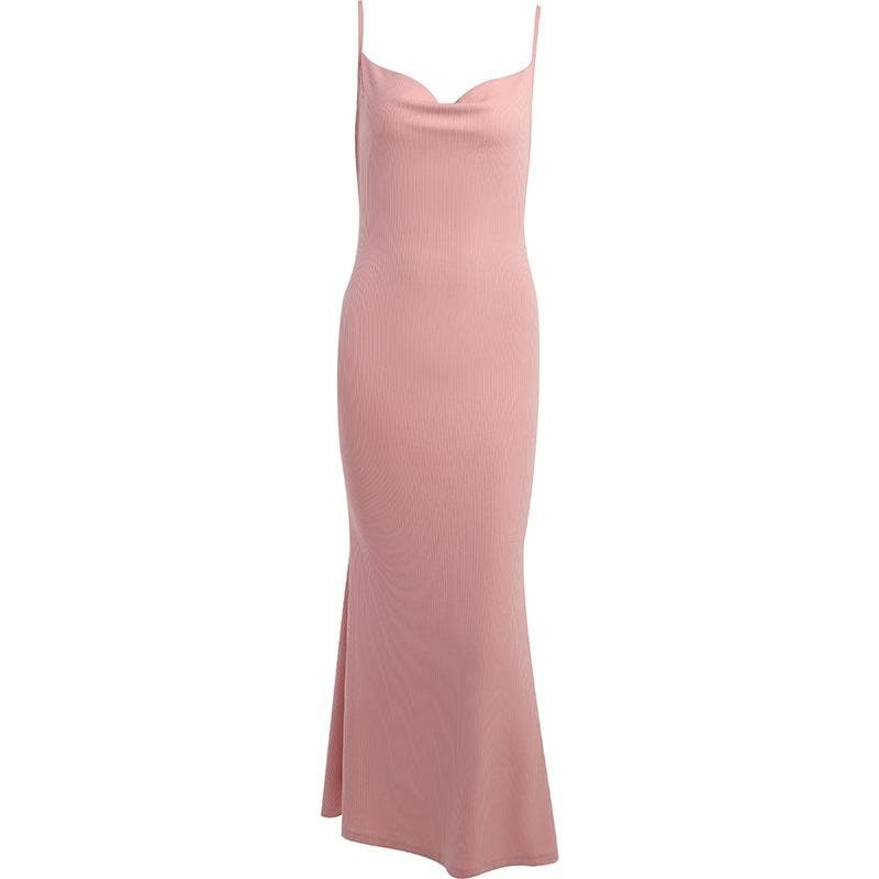 Ribbed Knit Spaghetti Strap Cowl Neck Bodycon Maxi Dress