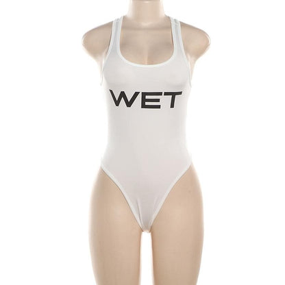 U neck “WET” pattern sleeveless contrast tank bodysuit