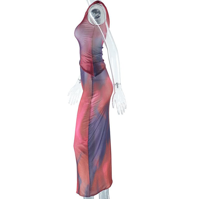 One shoulder sheer mesh print irregular ruffle maxi dress