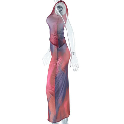 One shoulder sheer mesh print irregular ruffle maxi dress