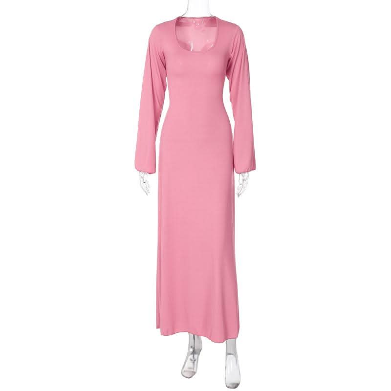 Long sleeve u neck ribbed solid maxi dress