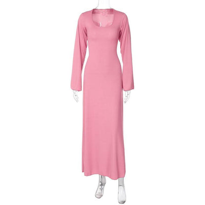 Long sleeve u neck ribbed solid maxi dress