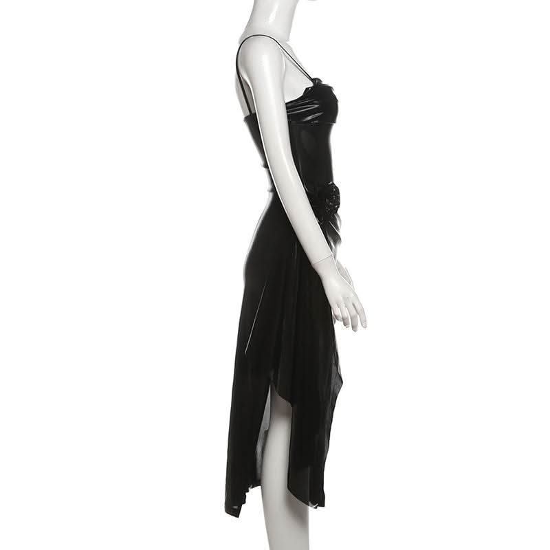 PU leather slit flower applique cami midi dress