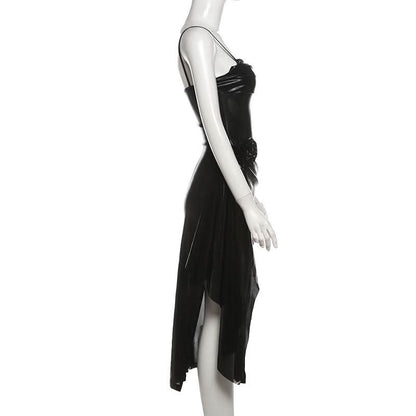 PU leather slit flower applique cami midi dress