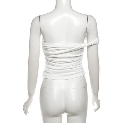 Irregular off shoulder ruched solid top