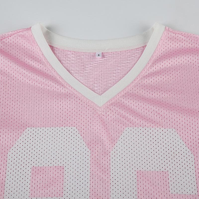 Short sleeve stitch textured “96” v neck top