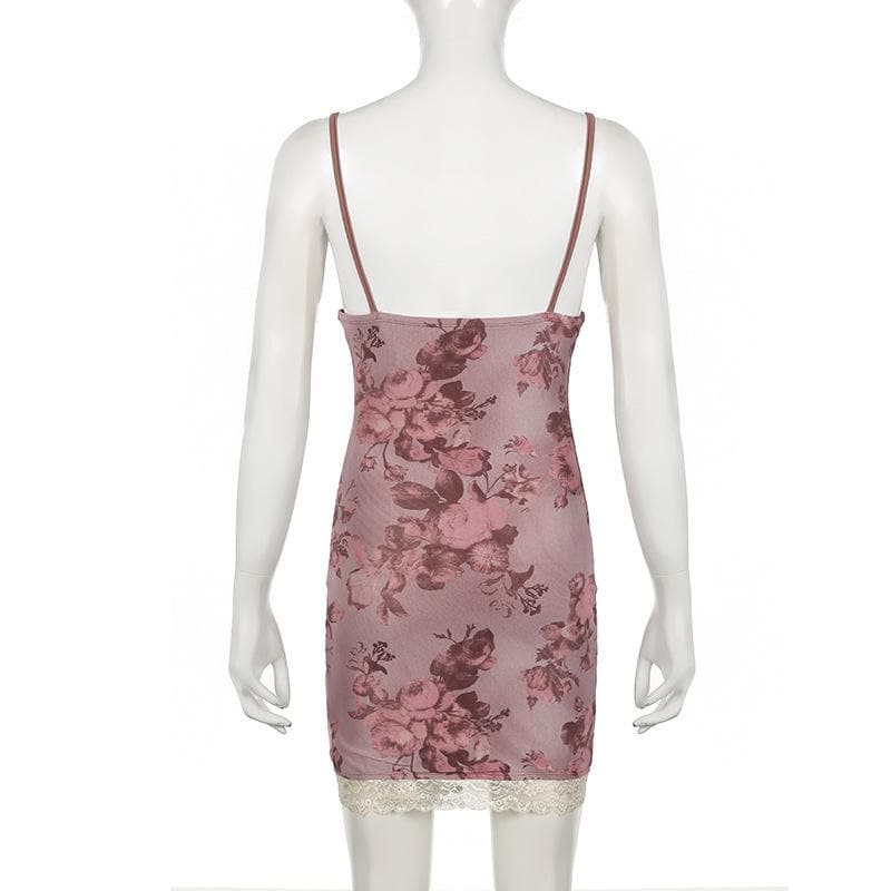 Lace hem slit v neck rose print cami mini dress