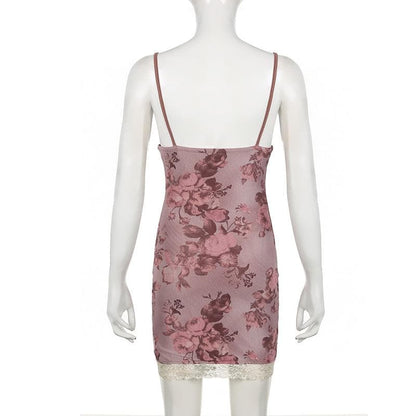Lace hem slit v neck rose print cami mini dress