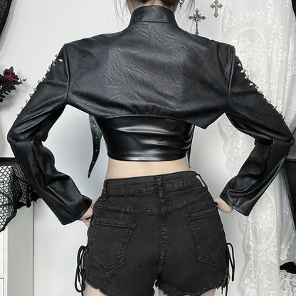 High neck PU leather zip-up hollow out shrug cut out top