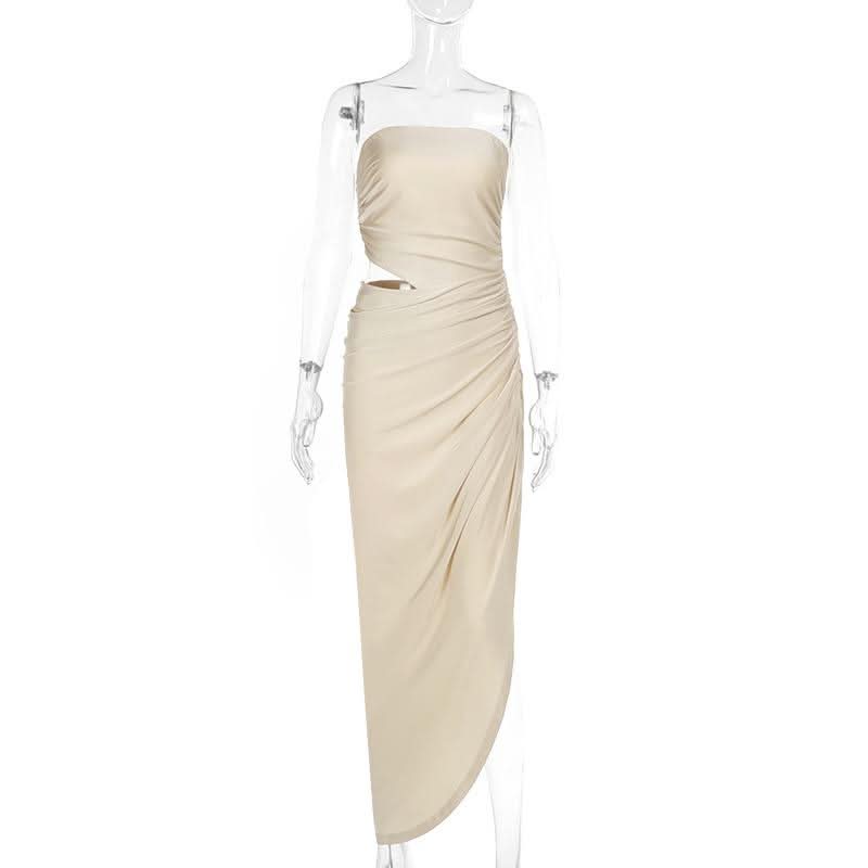 Ruched irregular hollow out solid tube cut out maxi dress