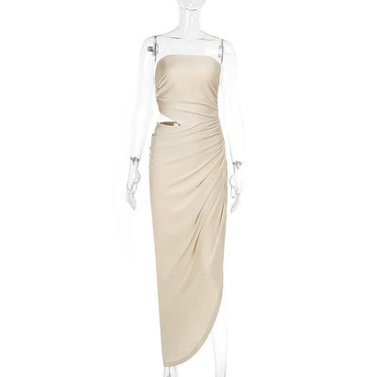 Ruched irregular hollow out solid tube cut out maxi dress