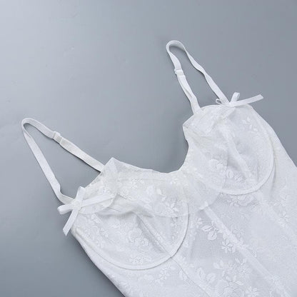 Ruffle bustier bowknot mesh lace up backless cami mini dress
