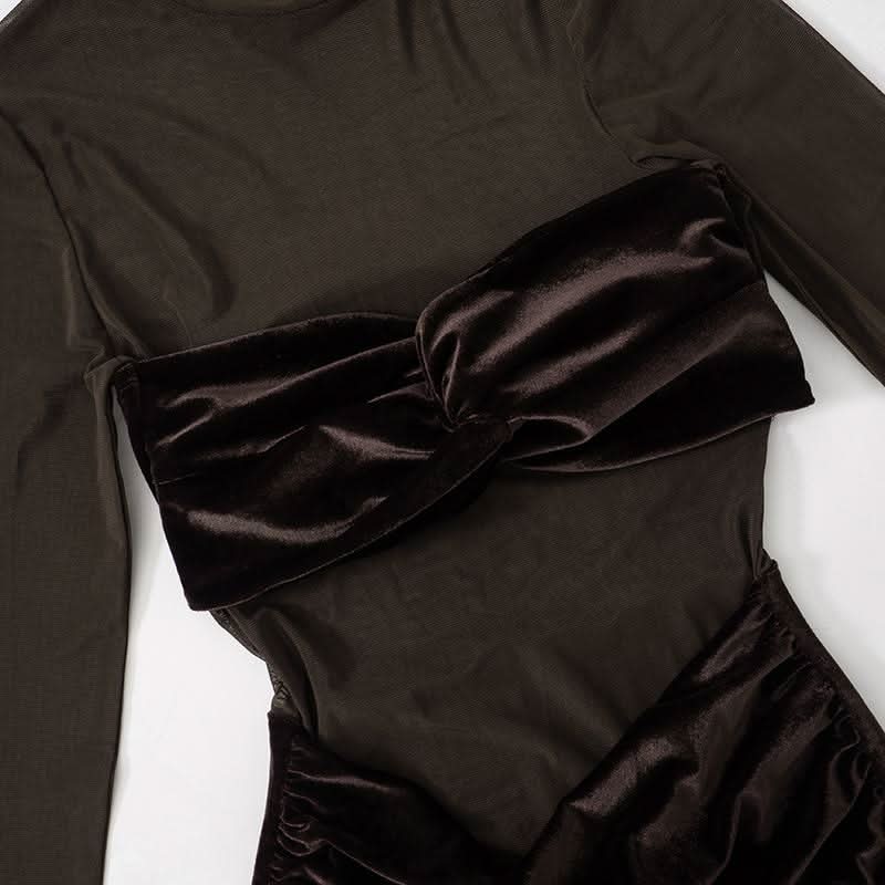 Long sleeve mesh high neck velvet ruched mini dress