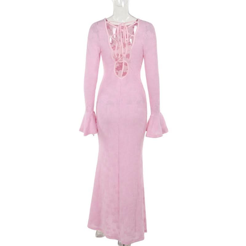 Crewneck long sleeve lace up flower pattern maxi dress