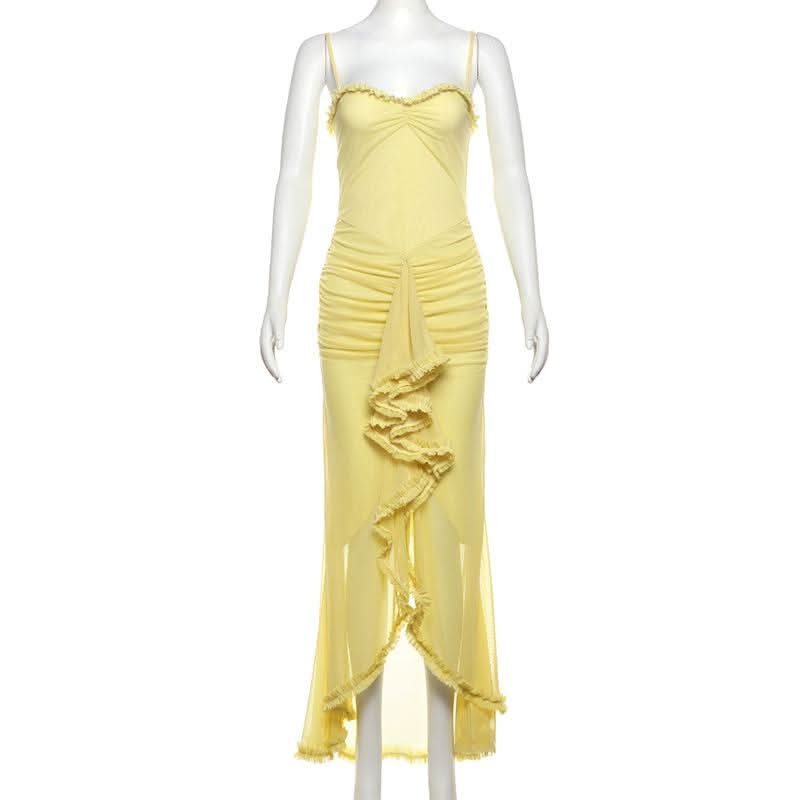 Mesh ruffle solid backless cami maxi dress
