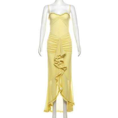 Mesh ruffle solid backless cami maxi dress