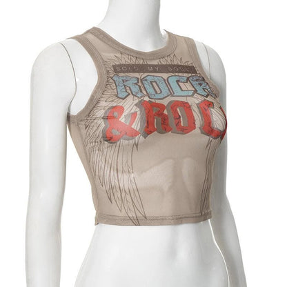 Sheer mesh letter print crewneck tank top