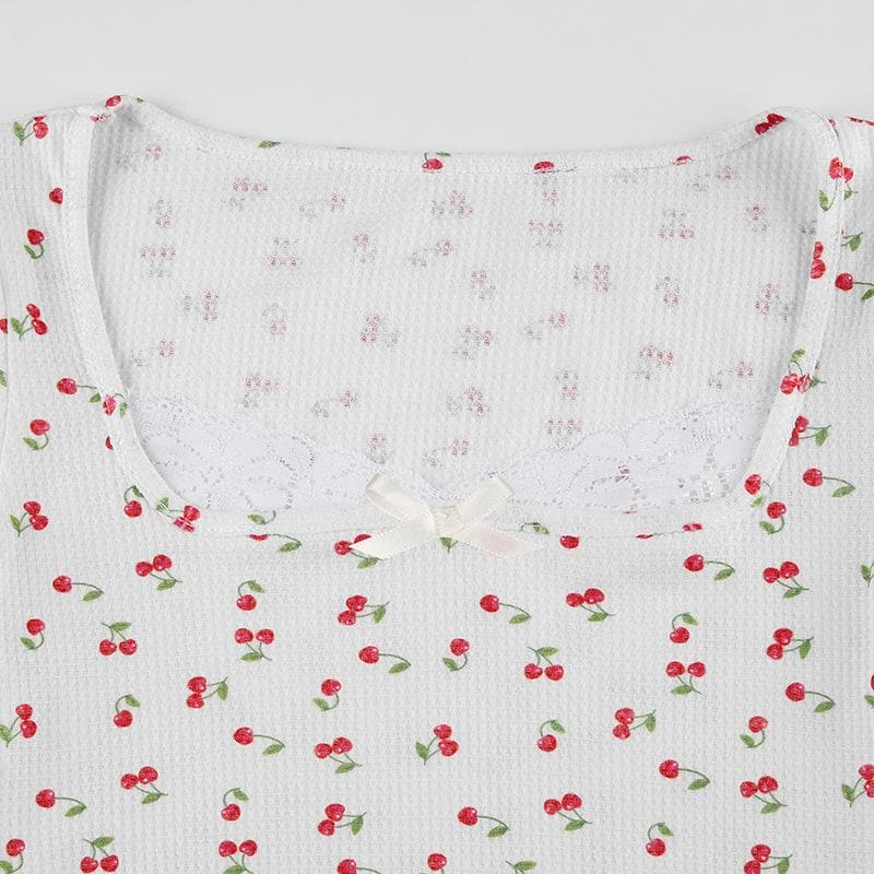 Cap sleeve textured cherry print bowknot lace hem top